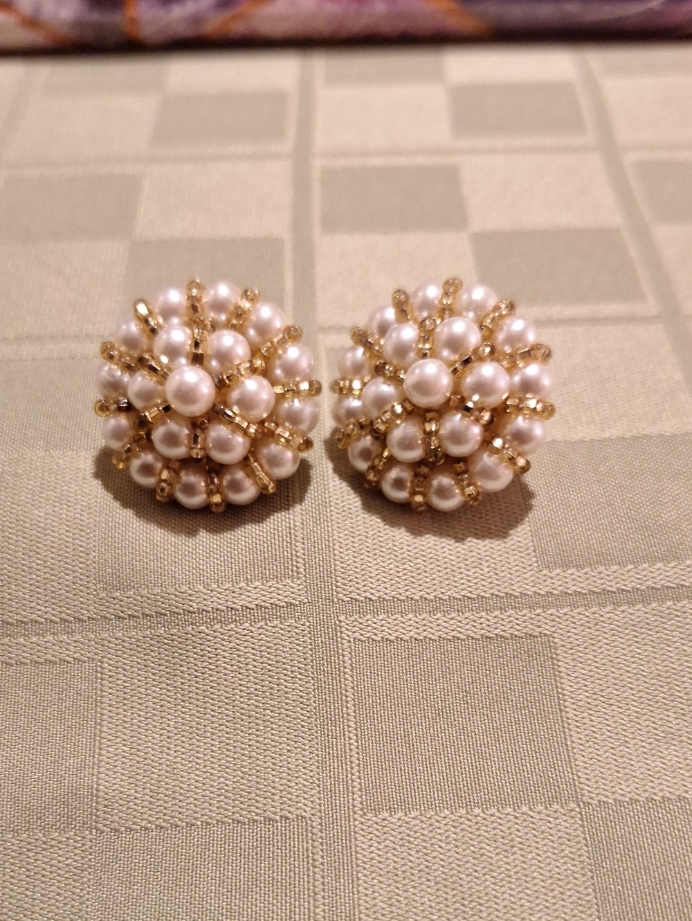 Pearl Cluster Clip On Earrings - Gold and White Pearls I
